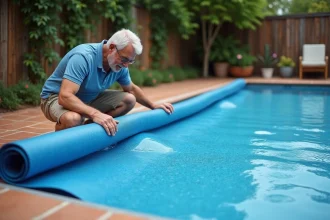 Homme inspectant une couverture de piscine gonflée et déformée au bord d'une piscine résidentielle