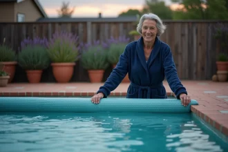 Femme installant une couverture thermique sur une piscine extérieure au crépuscule pour conserver la chaleur de l'eau la nuit