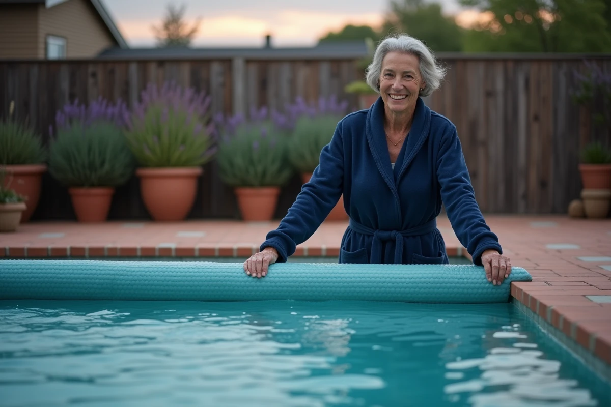 Femme installant une couverture thermique sur une piscine extérieure au crépuscule pour conserver la chaleur de l'eau la nuit