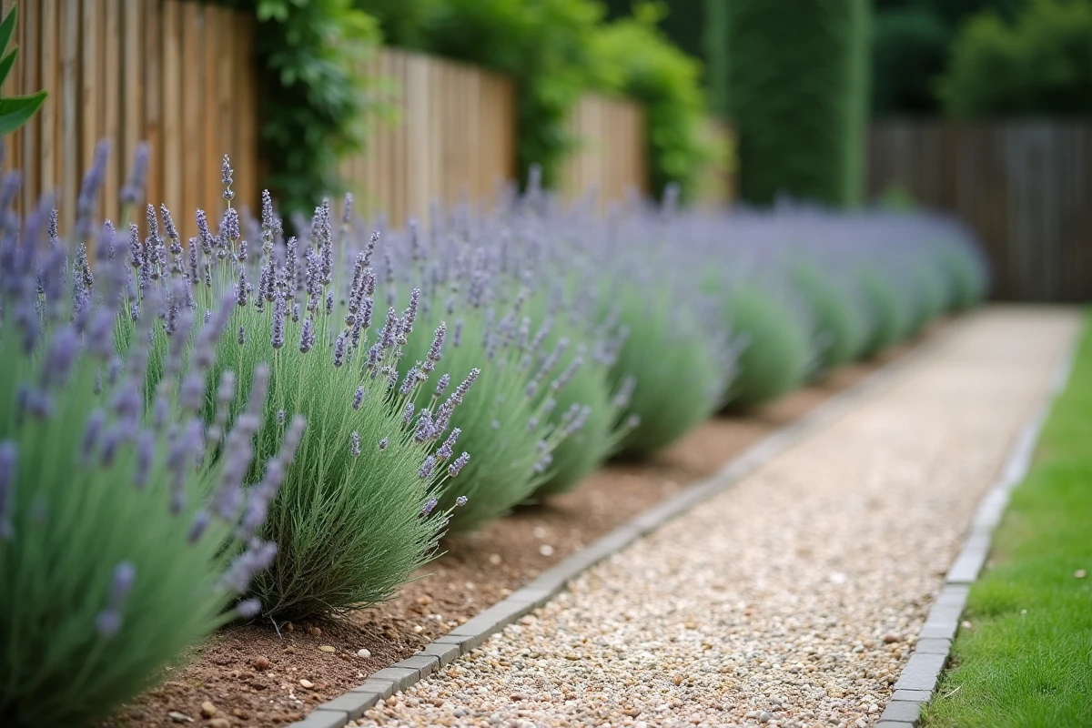 Haie de lavande à différents stades de croissance le long d'un chemin de gravier dans un jardin bien entretenu