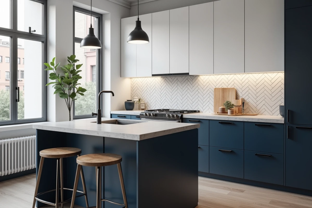 Cuisine de style scandinave avec façades bleu marine foncé, armoires hautes blanches et plan de travail en quartz gris clair