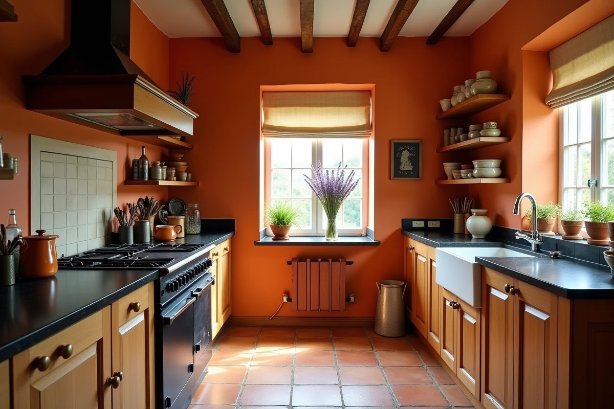 Cuisine campagnarde aux murs couleur terracotta, armoires en noyer naturel et carrelage au sol rouge brique style mas provençal