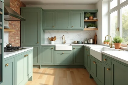 Cuisine moderne aux façades vert sauge avec plan de travail en marbre blanc et robinetterie dorée brossée