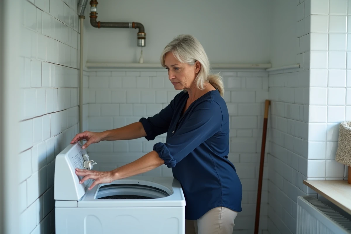 Femme débranchant la prise électrique d'une machine à laver dans une buanderie avant un déménagement