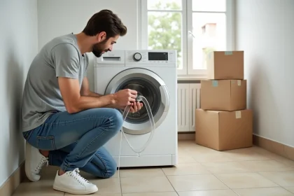 Homme déconnectant le tuyau d'alimentation en eau d'une machine à laver avant un déménagement