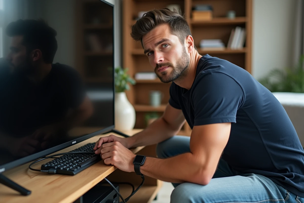Homme débranchant une multiprise derrière un téléviseur pour éviter la consommation en veille