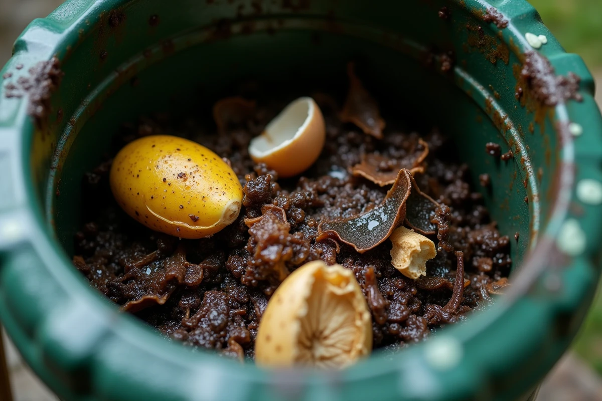Gros plan sur des déchets organiques en décomposition anaérobie et slimy à l'intérieur d'un composteur en plastique