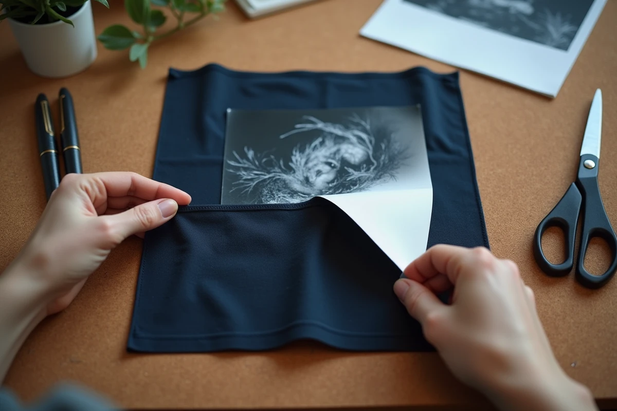 Gros plan sur le décollage d'un papier transfert révélant un motif imprimé sur tissu marine