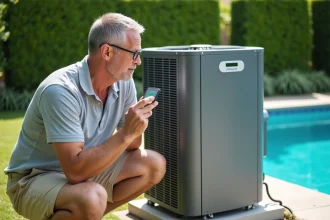 Homme examinant l'affichage numérique d'une thermopompe de piscine installée dans un jardin résidentiel