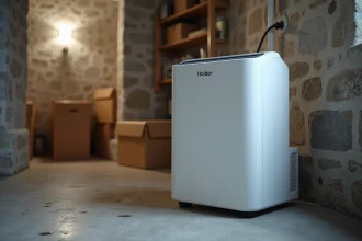 Déshumidificateur portable blanc dans un sous-sol humide avec des murs en pierre et des traces d'humidité sur le sol en béton