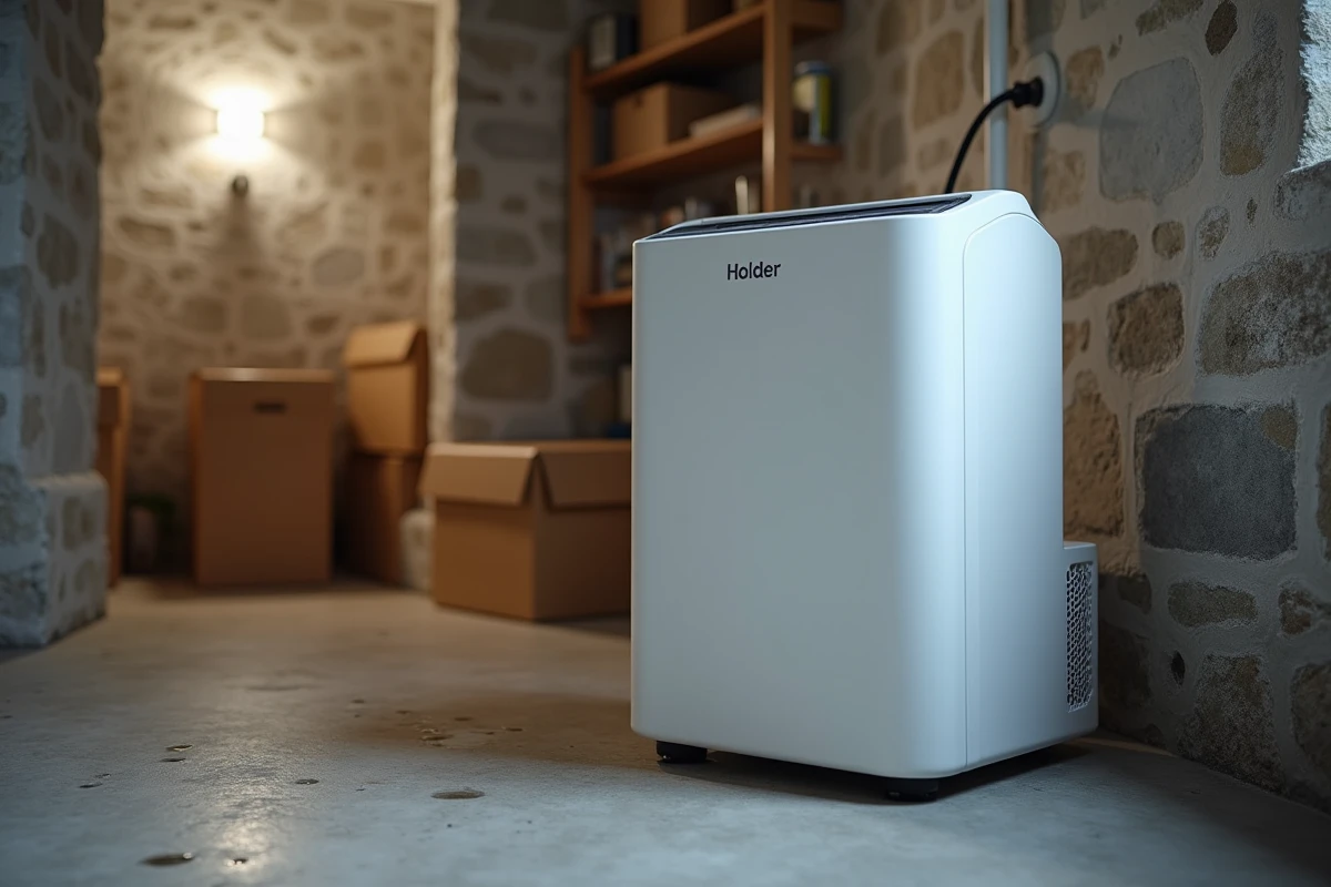 Déshumidificateur portable blanc dans un sous-sol humide avec des murs en pierre et des traces d'humidité sur le sol en béton