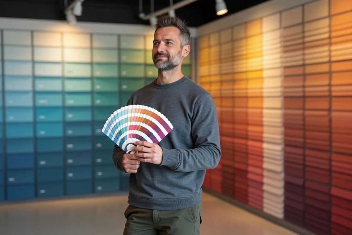 Designer d'intérieur masculin en magasin de peinture comparant deux éventails de nuanciers en couleurs froides et chaudes devant un mur de références colorées