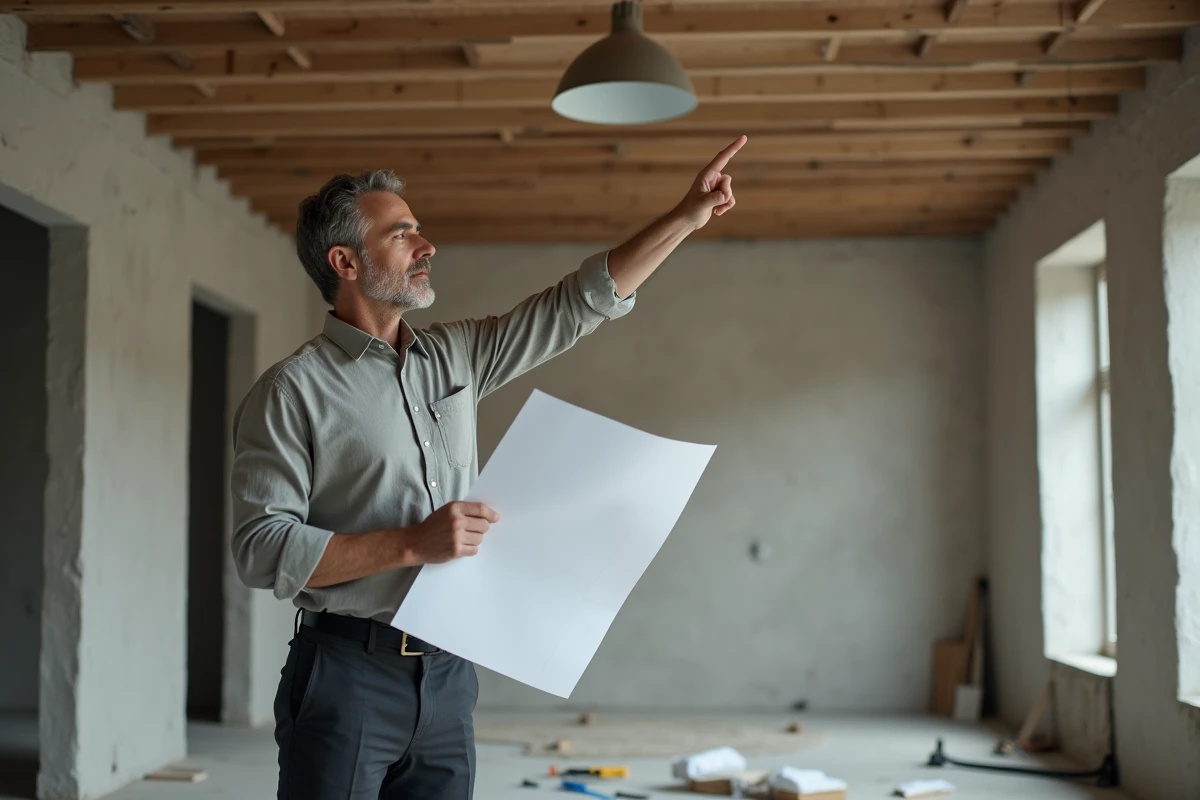 Designer d'intérieur planifiant le placement de spots au plafond d'un salon en cours de rénovation avec un plan papier à la main