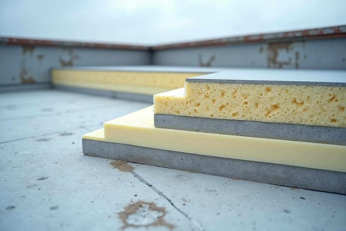 Détail des couches d'isolation thermique en polyuréthane et membrane d'étanchéité sur une toiture plate