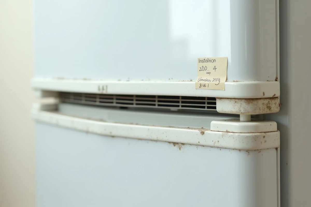 Gros plan sur le bas d'un réfrigérateur usagé montrant poussière et signes de vieillissement après plusieurs années d'utilisation