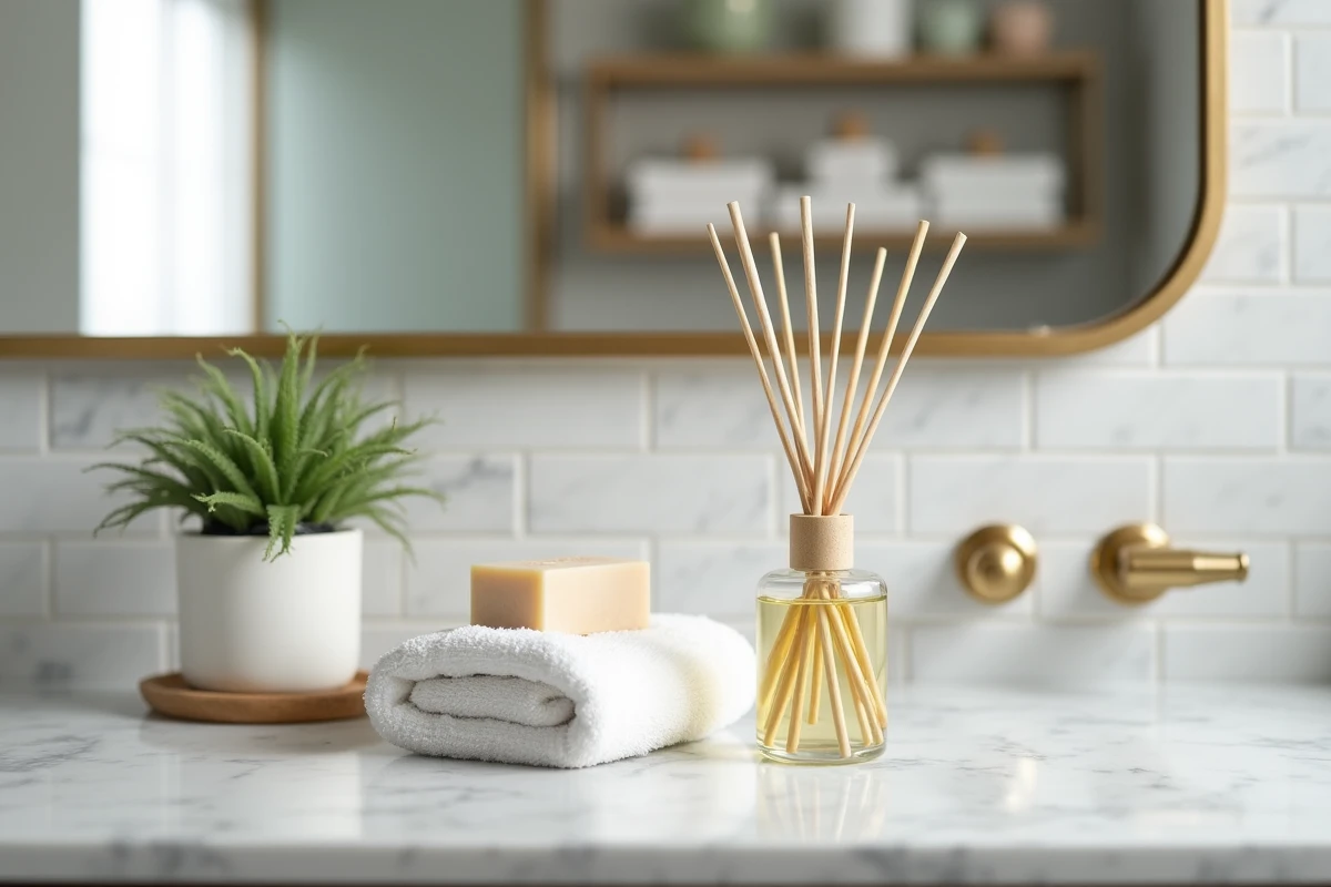 Diffuseur de roseaux avec bâtonnets en rotin sur un plan vasque en marbre dans une salle de bain épurée pour parfumer l'intérieur
