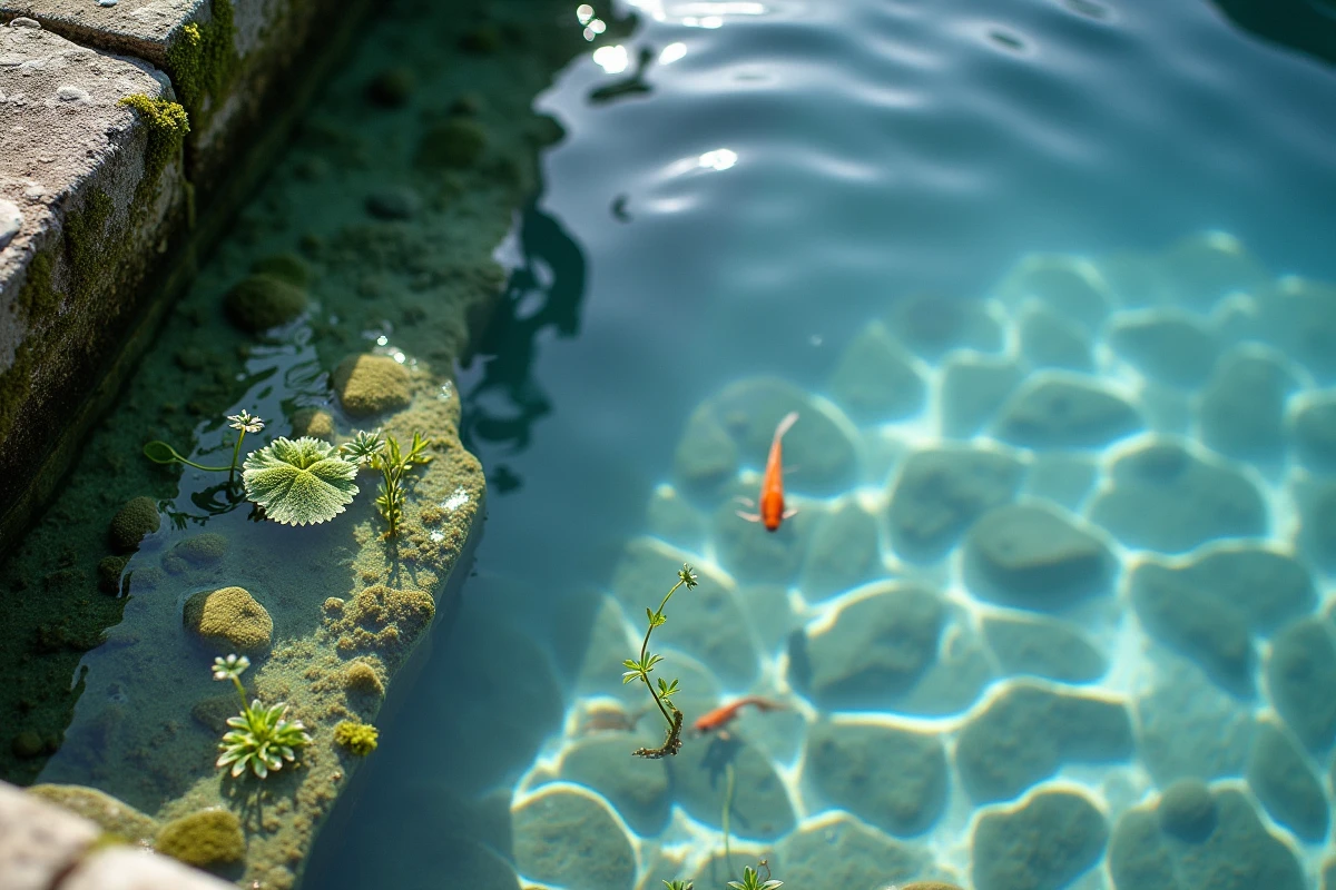 Gros plan sur l'eau claire d'une piscine écologique sans chlore avec galets, plantes aquatiques et petits poissons naturels