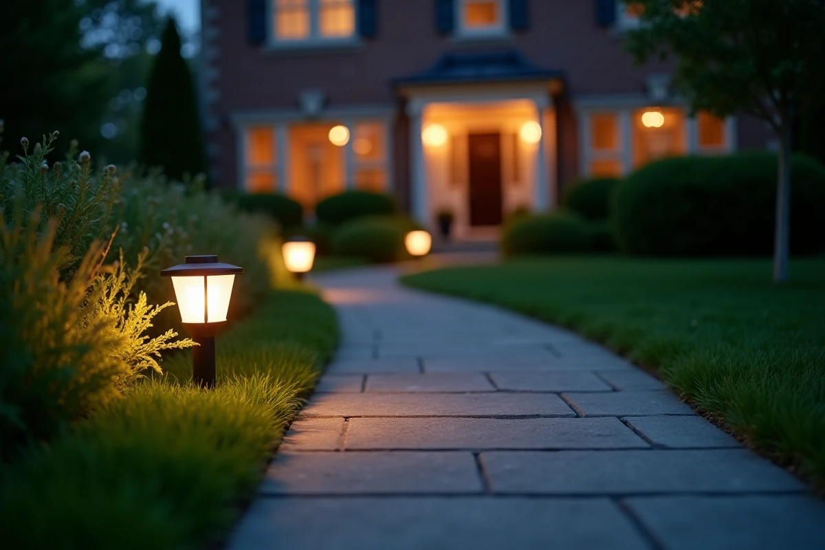 Allée de jardin résidentiel bordée de spots LED basse tension au crépuscule, éclairage paysager chaleureux sur chemin en pierre
