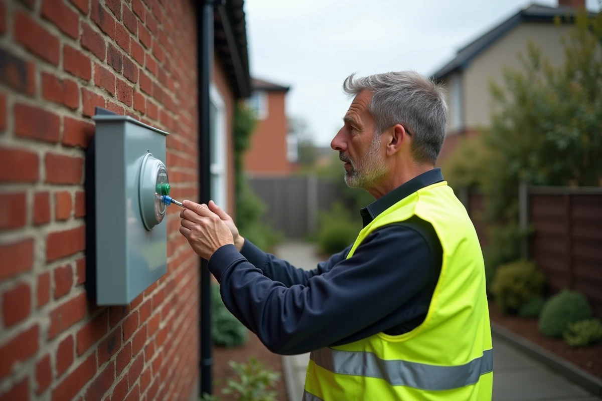 Un électricien professionnel remet en marche le compteur électrique extérieur d'une maison après une coupure de courant