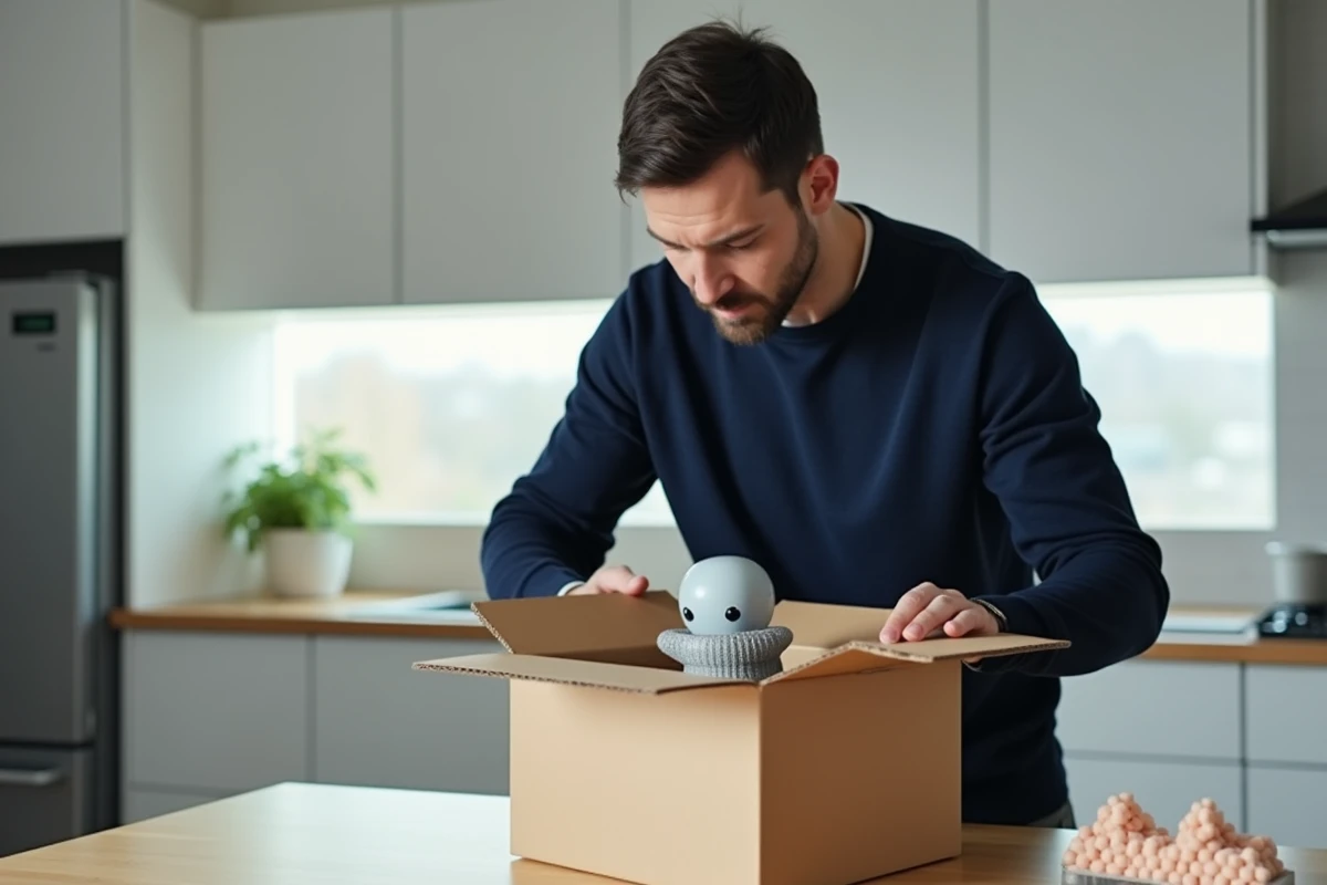 Homme plaçant une figurine protégée par de la mousse dans une boîte d'expédition en carton
