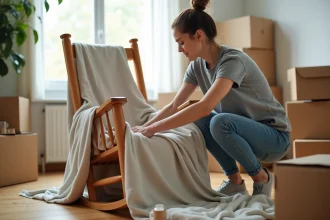 Femme emballant une chaise à bascule en bois avec des couvertures de déménagement dans un salon en cours de déménagement