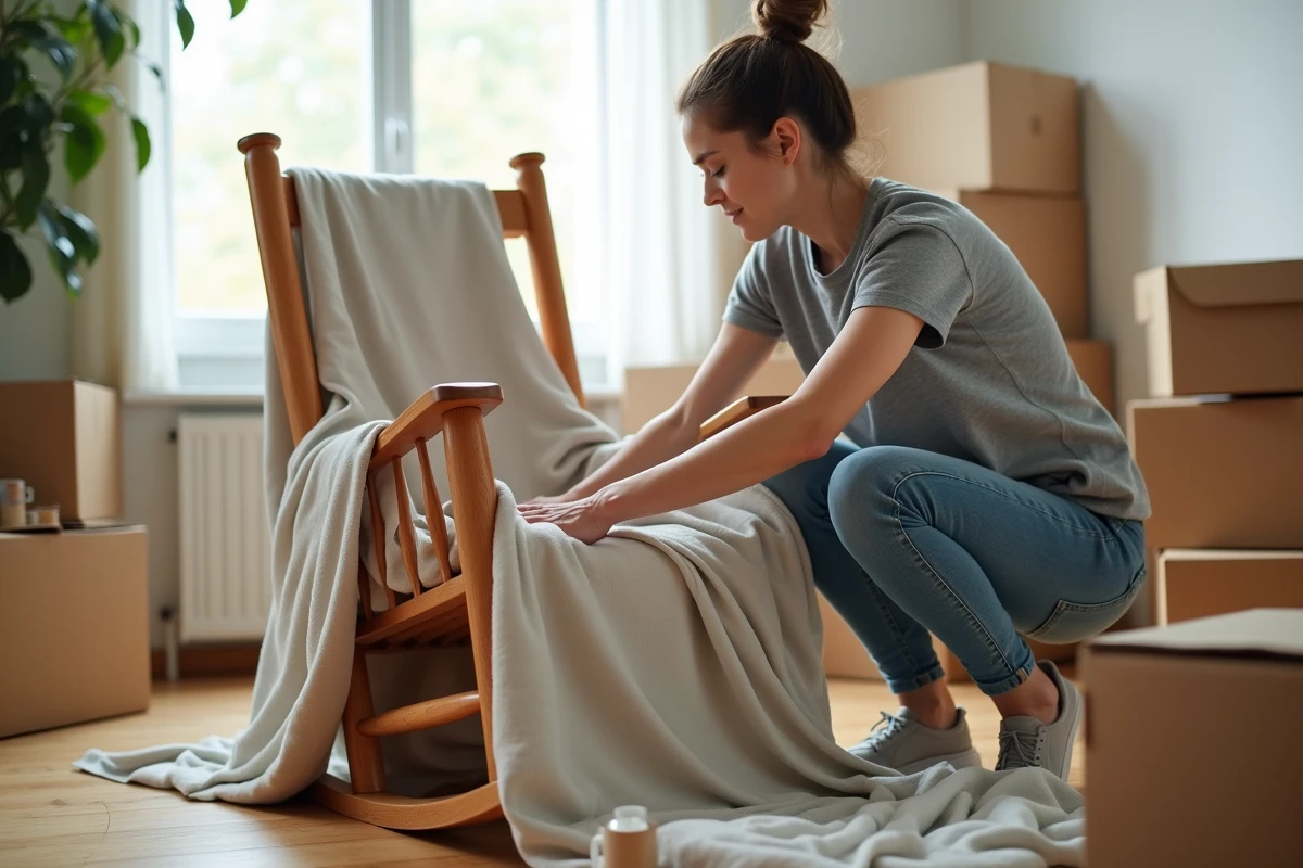 Femme emballant une chaise à bascule en bois avec des couvertures de déménagement dans un salon en cours de déménagement