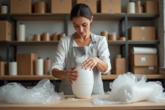 Femme emballant un vase en céramique fragile dans du papier bulle sur une table d'atelier en bois