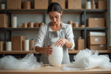 Femme emballant un vase en céramique fragile dans du papier bulle sur une table d'atelier en bois