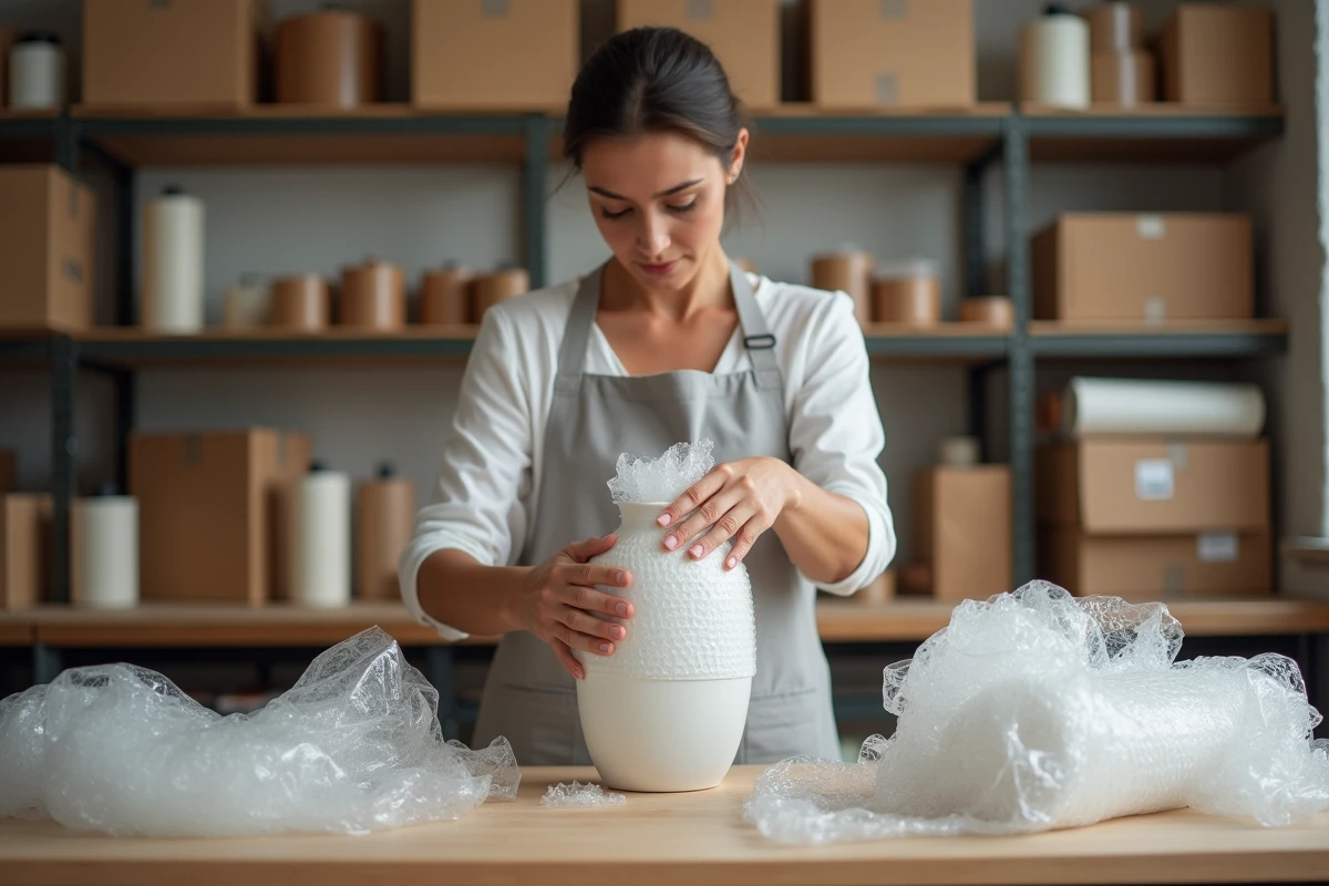 Femme emballant un vase en céramique fragile dans du papier bulle sur une table d'atelier en bois