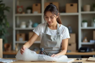 Femme emballant une figurine de collection dans du papier bulle sur une table en bois