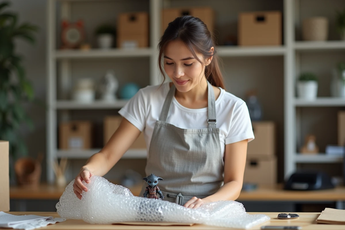 Femme emballant une figurine de collection dans du papier bulle sur une table en bois