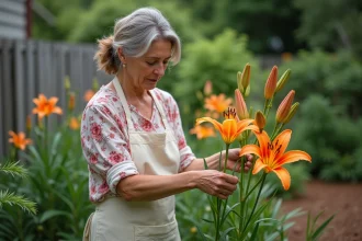 Femme qui retire les fleurs de lys fanées pour favoriser une nouvelle floraison dans un jardin d'été