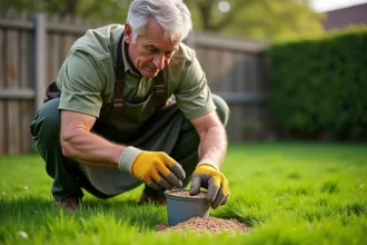 Homme épandant de l'engrais granulaire à la main sur une pelouse verte et dense dans un jardin suburban