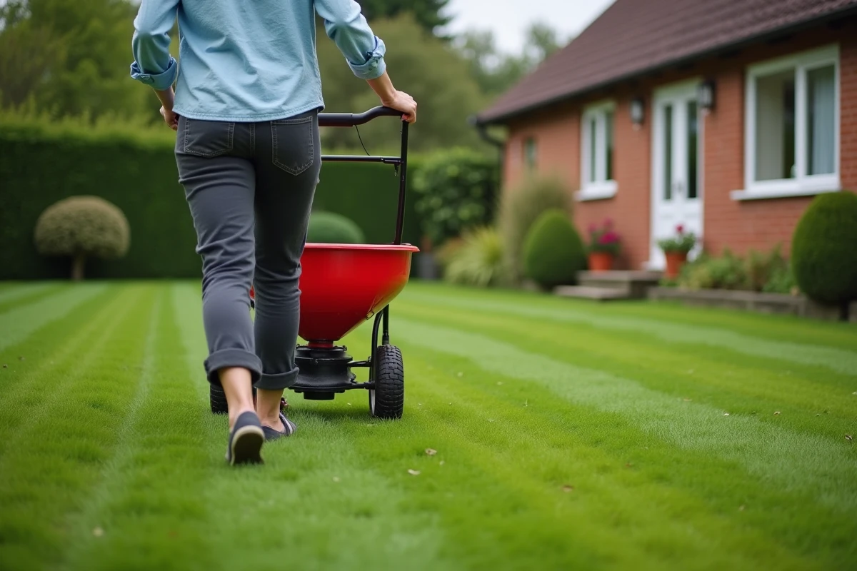 Femme utilisant un épandeur à roulettes pour distribuer de l'engrais sur une grande pelouse résidentielle