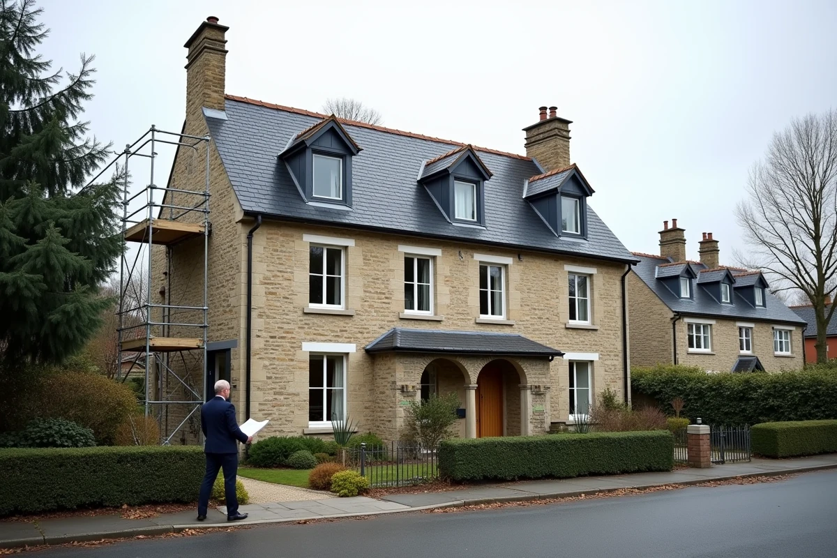 Maison en cours d'extension de combles avec lucarnes et agent immobilier évaluant la valeur ajoutée