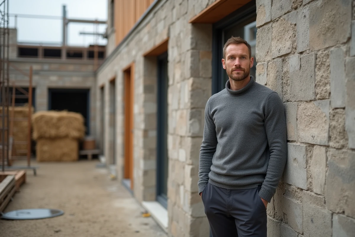 Architecte devant une façade en bois recyclé et pisé sur un chantier de construction écologique urbain