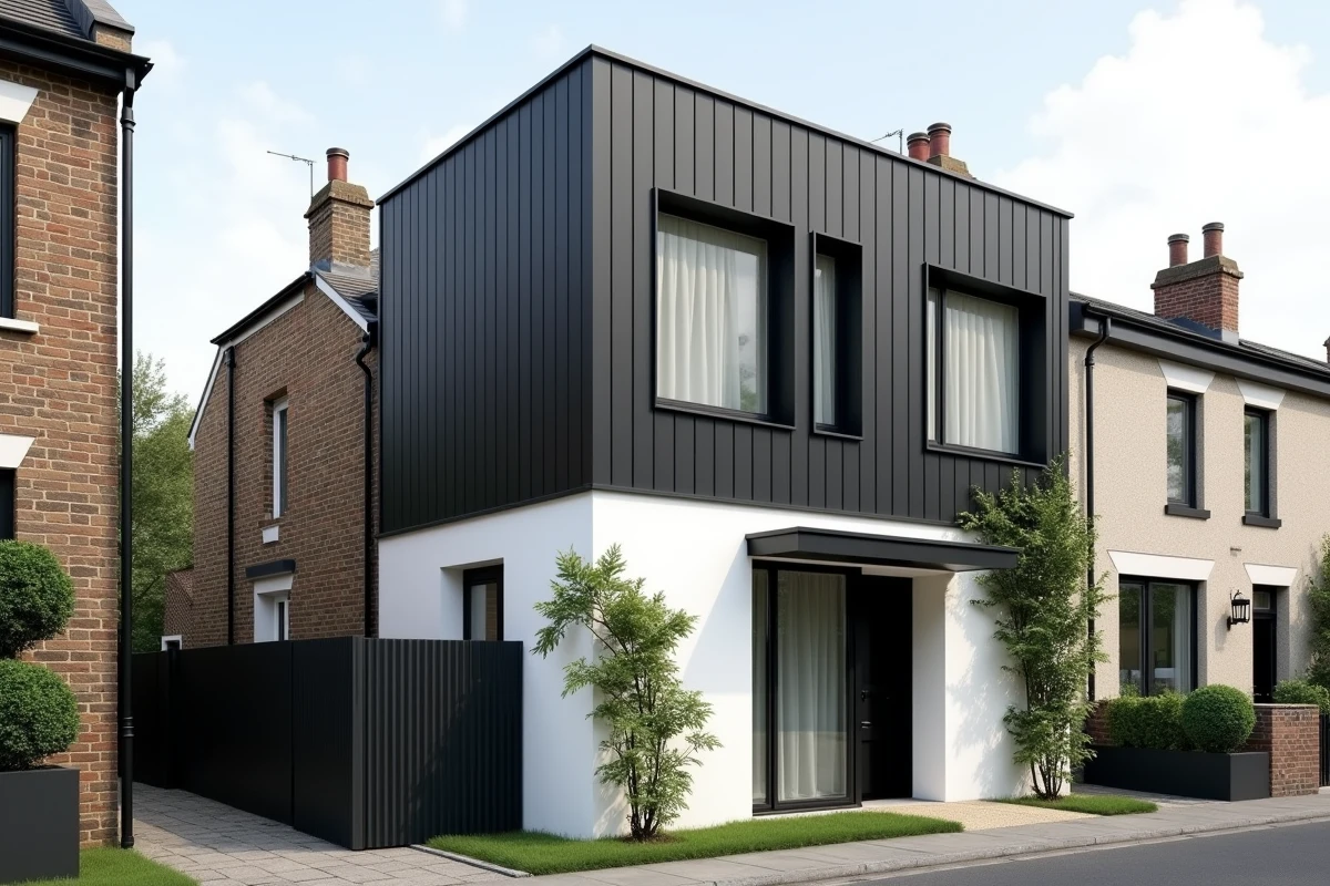 Maison de ville rénovée avec bardage en fibre-ciment anthracite, enduit blanc et verrière noire pour une façade urbaine contemporaine
