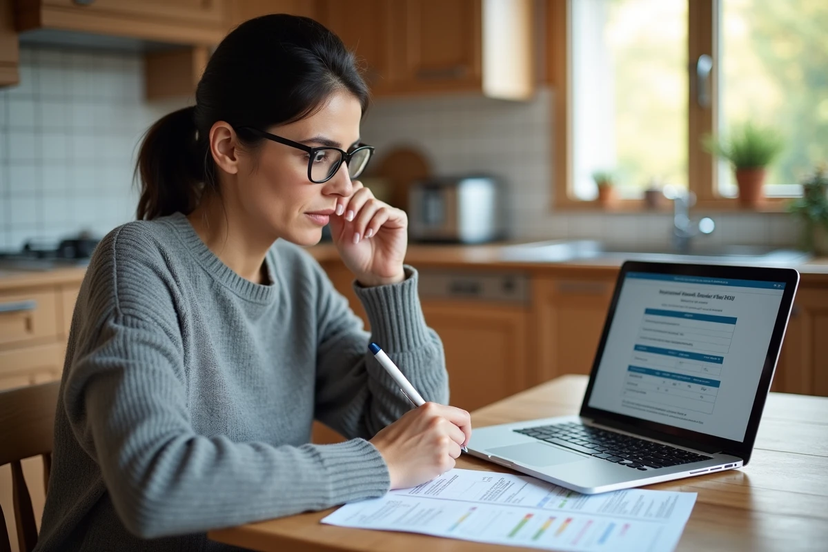 Femme consultant les aides financières pour une pompe à chaleur sur un ordinateur portable à la maison