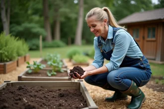 Femme examinant la qualité du sol dans un jardin en permaculture avec buttes et paillis