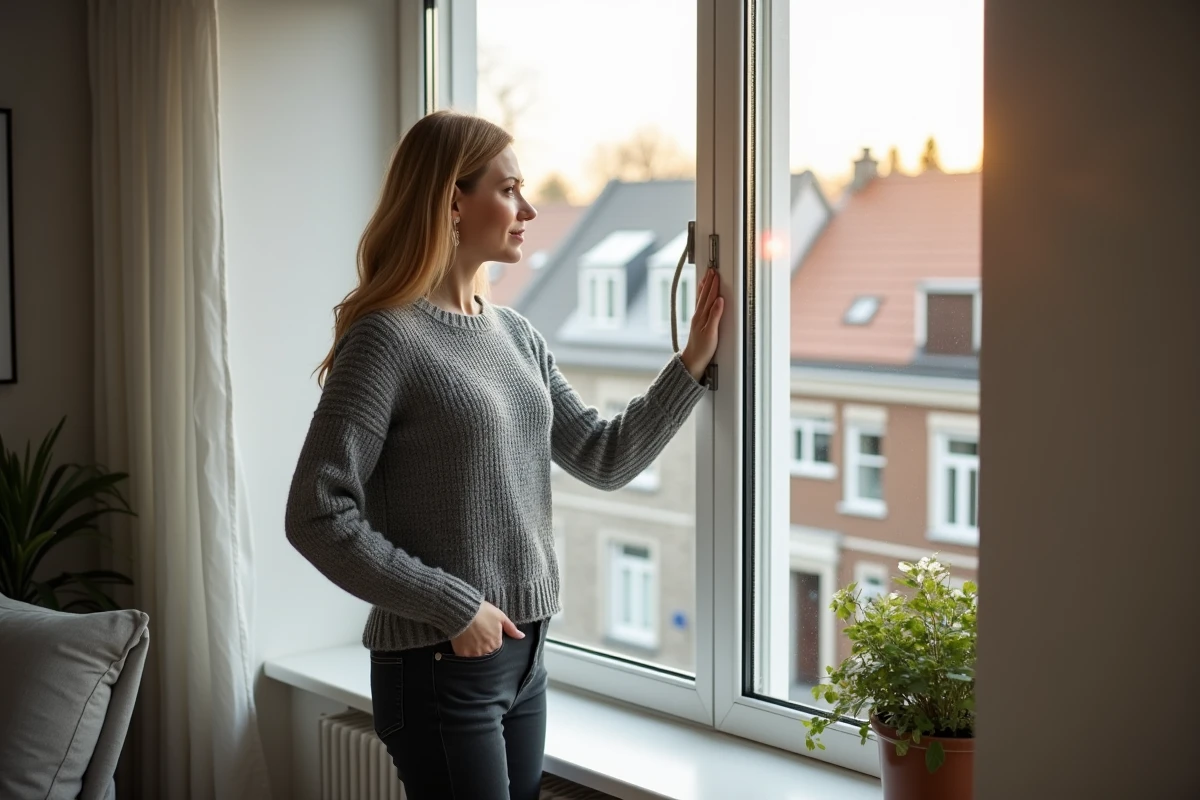 Femme dans un appartement moderne observant par une fenêtre à double vitrage, illustrant le confort thermique apporté par un vitrage performant