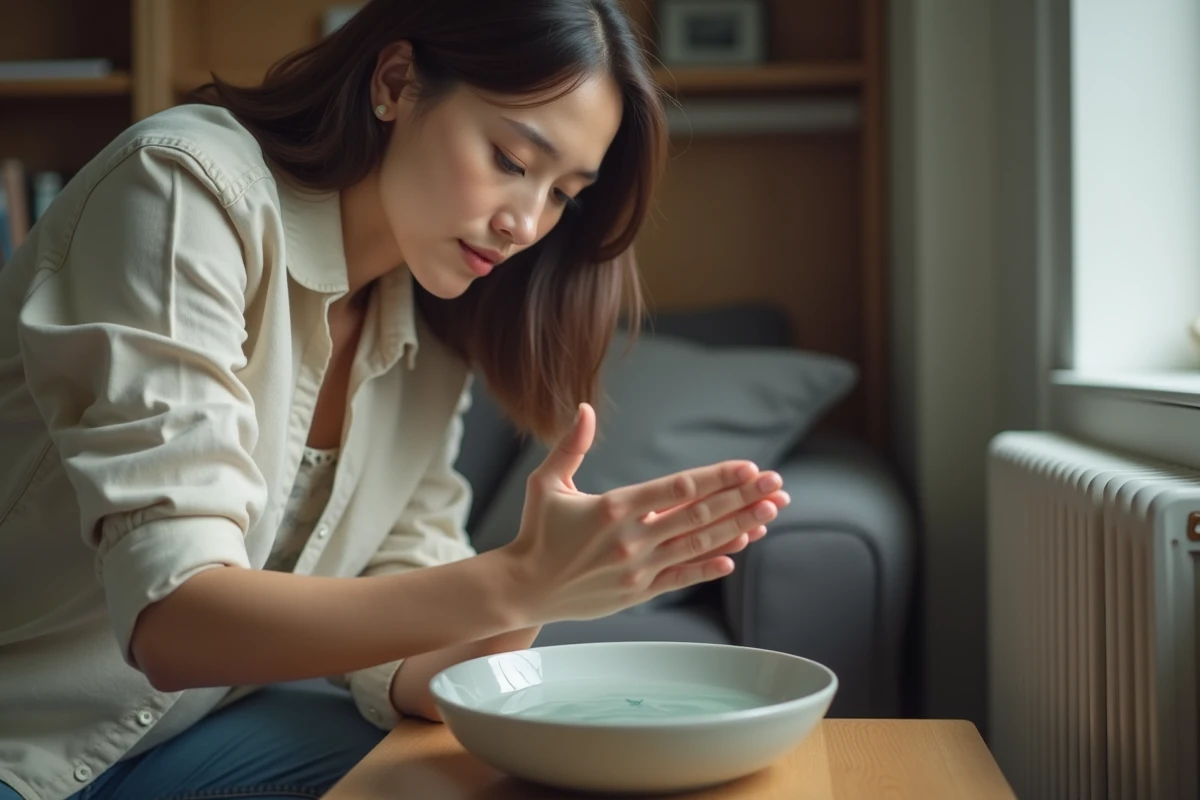 Femme observant un bol d'eau posé près d'un radiateur pour tester son effet humidificateur dans un salon