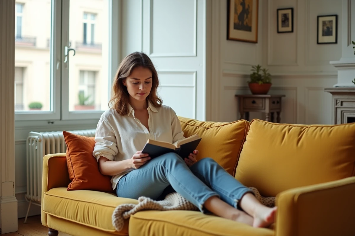 Femme lisant sur un canapé jaune moutarde dans un appartement parisien avec coussins terracotta et plaid