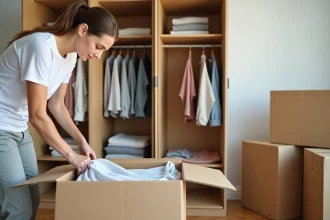 Femme pliant des vêtements dans un carton penderie ouvert dans une chambre lors d'un déménagement