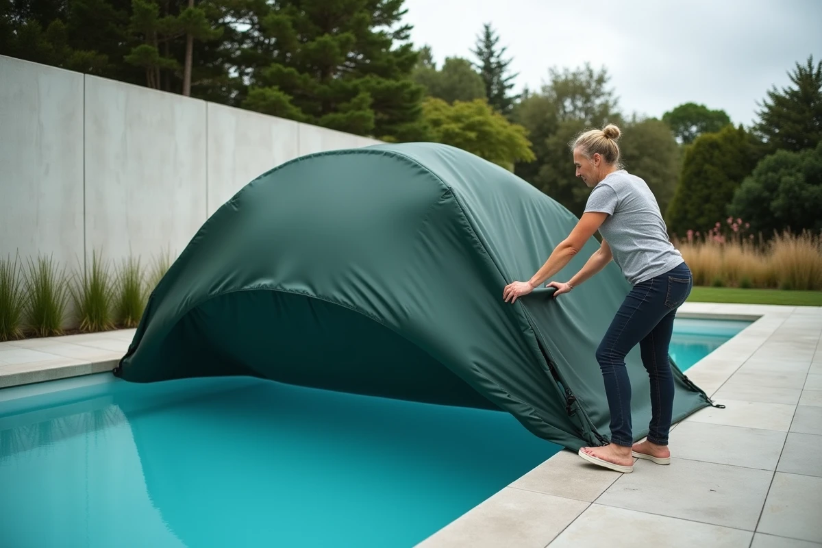 Femme tentant de retirer une couverture de piscine gonflée en forme de dôme au bord d'une piscine moderne