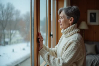 Femme touchant la vitre d'une fenêtre à double vitrage en hiver, intérieur cosy et givre visible à l'extérieur