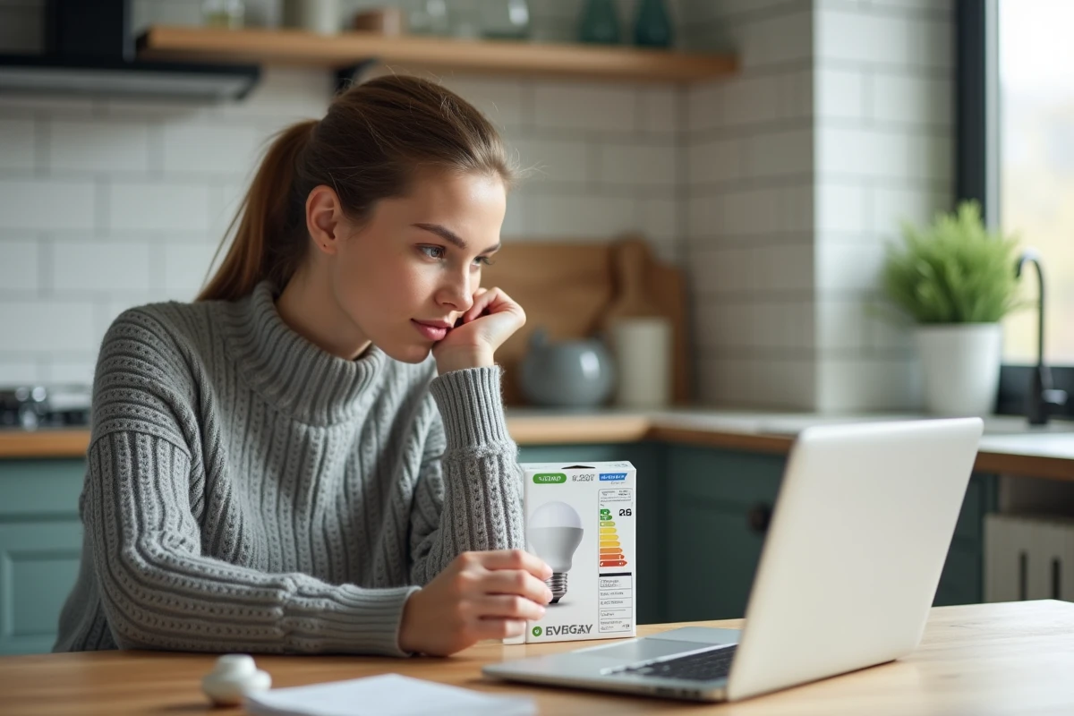 Femme lisant l'étiquette énergétique d'une ampoule LED pour choisir la solution la plus économe en énergie