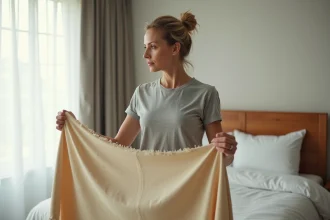 Femme tenant un drap de lit usé et jauni pour évaluer s'il doit être jeté