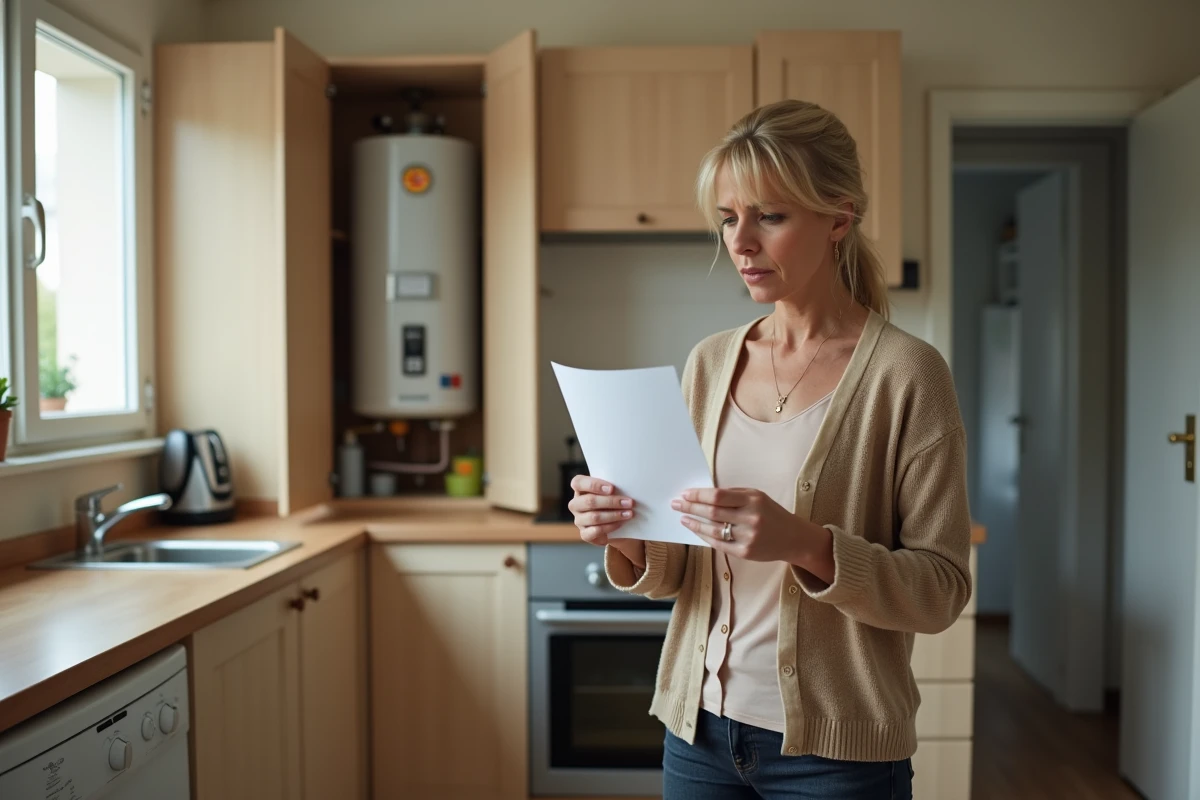 Femme préoccupée tenant une facture d'énergie avec un vieux chauffe-eau visible dans un placard de cuisine