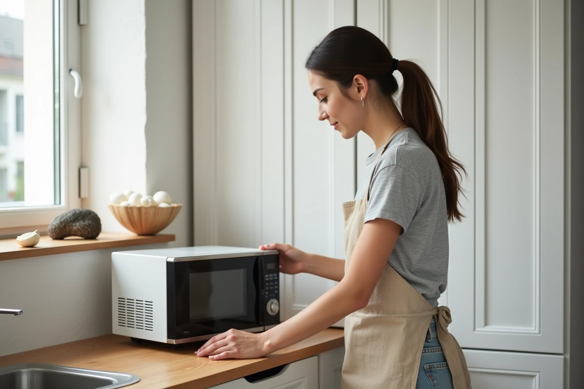 Femme installant un micro-ondes sur une étagère coulissante dans un bas de meuble de petite cuisine scandinave