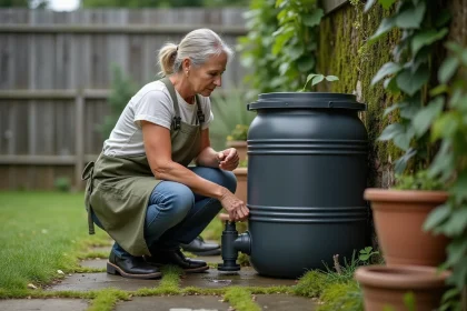 Femme installant un récupérateur d'eau de pluie en barrique grise le long d'une gouttière de maison individuelle dans un jardin